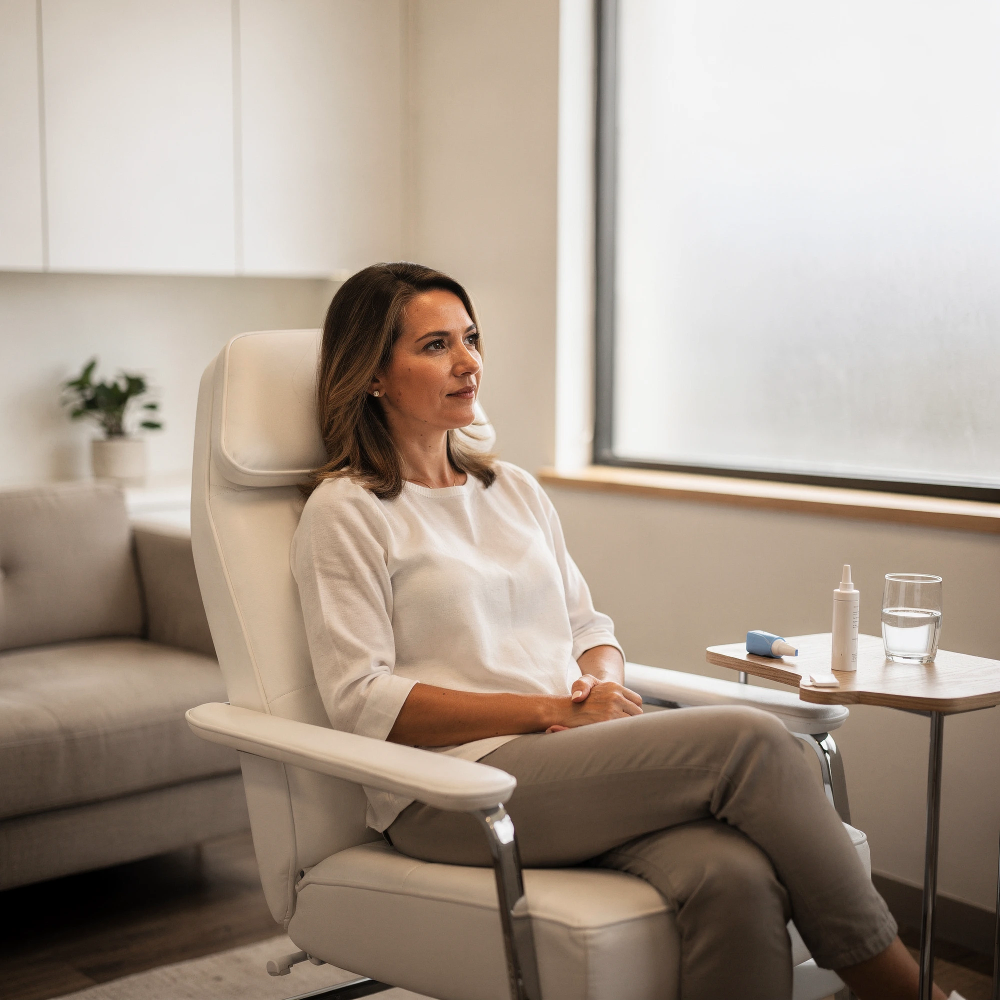 Patient seated in a comfortable clinical chair during a Spravato treatment session at Myndful Wellness